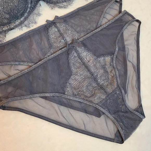 VS Dream Angels 3pc Bra & Panties Set Size 34E/med ☆ Gray Sparkle Lace - Picture 2 of 7